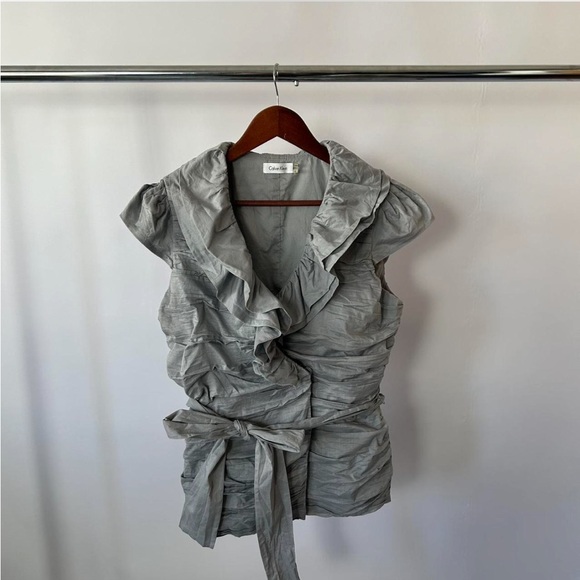 Calvin Klein Coquette Grey Ruffled Blouse with Waist Tie Blouse size large. - Picture 4 of 8